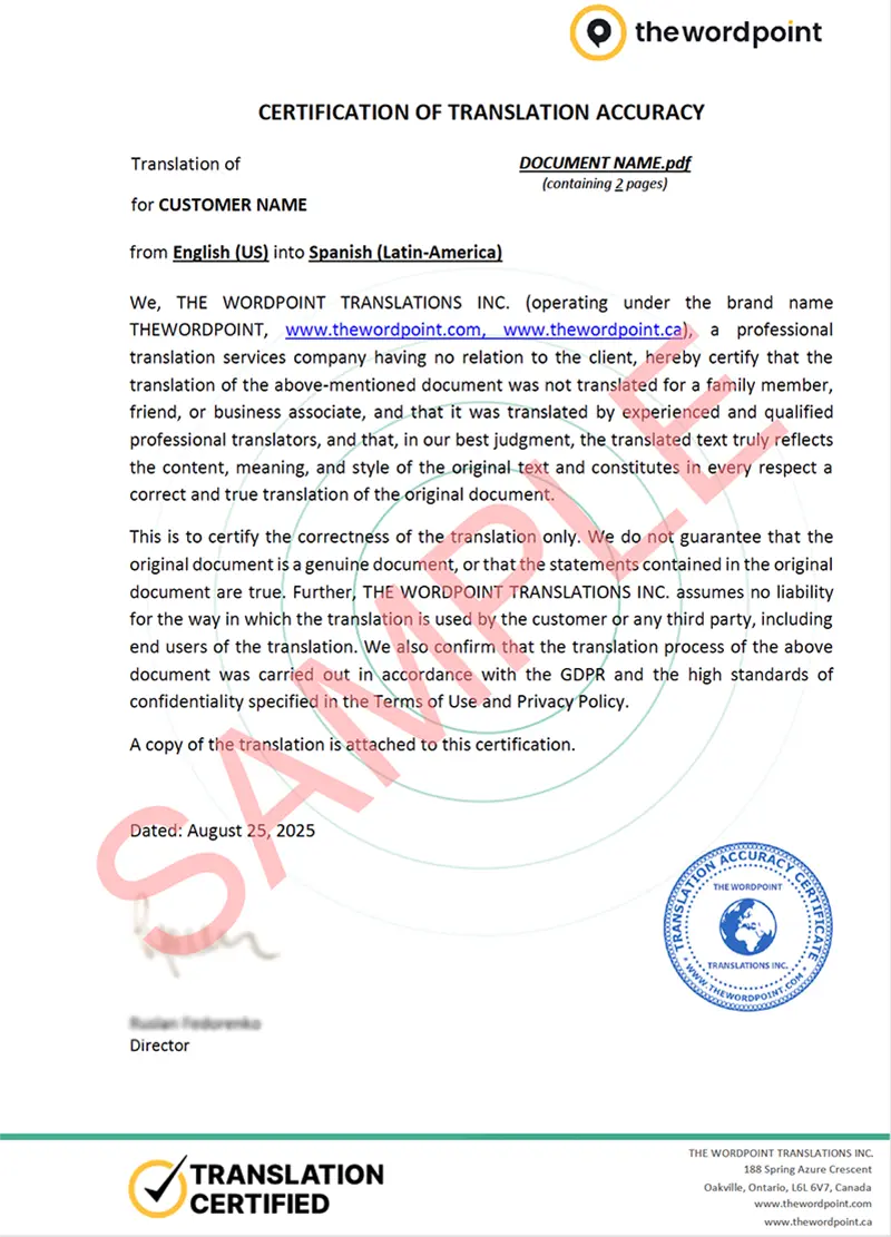 Certificate sample