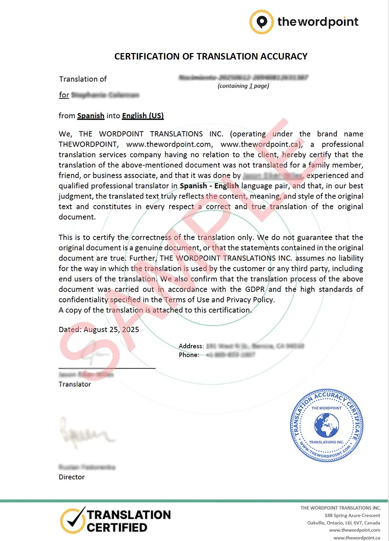 Certificate sample