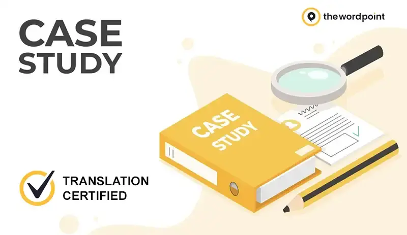 Case study folder with a magnifying glass, a pencil and a certified translation checkmark on a light background