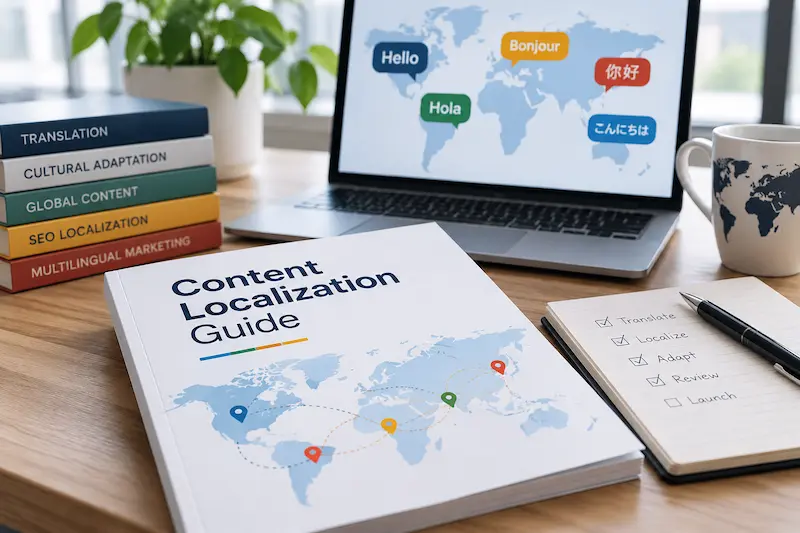 notebook "content localization guide" lying on the table