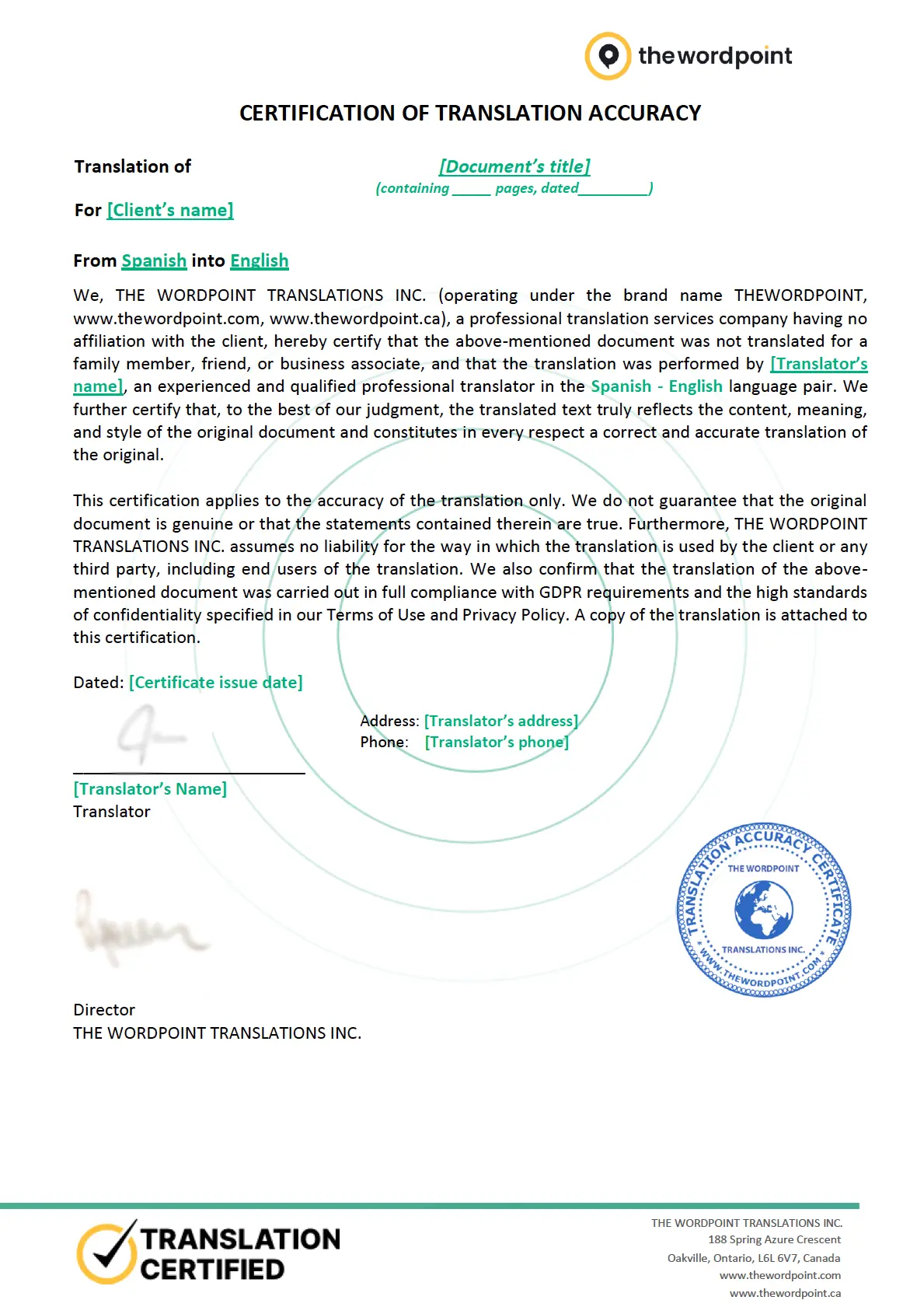 Certificate sample